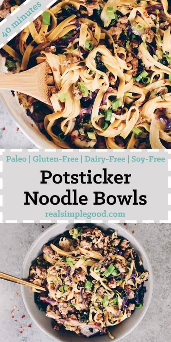 These Paleo potsticker noodle bowls are the BEST! Filled with cruciferous veggies, grain-free pasta and deliciously seasoned ground pork! Paleo, Gluten-Free, Dairy-Free + Soy-Free. | realsimplegood.com