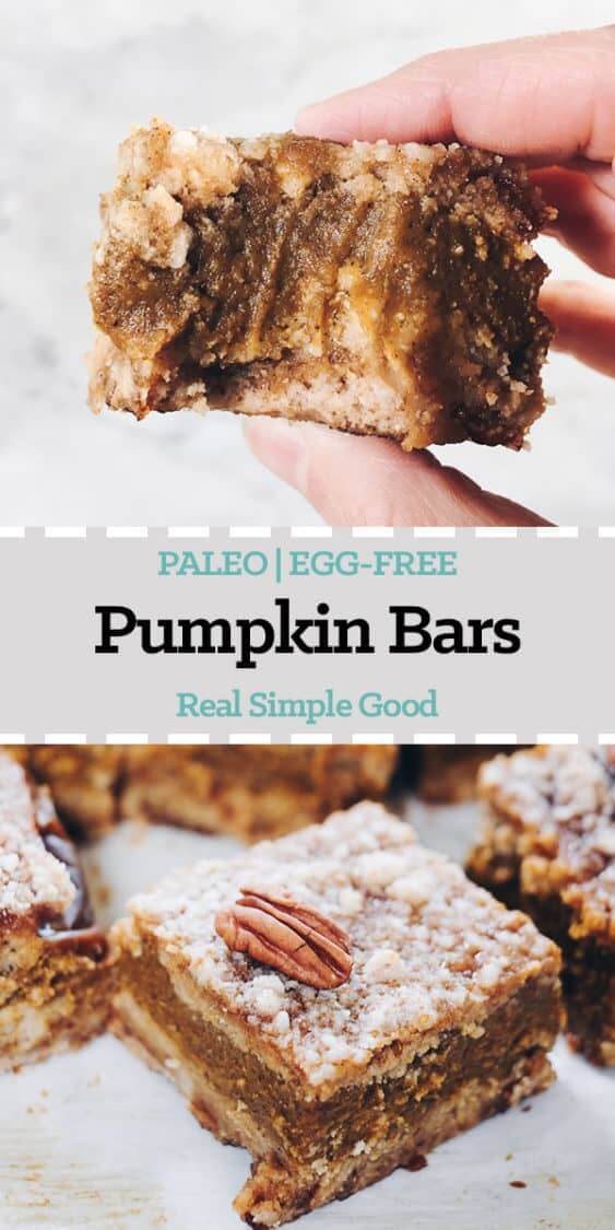 These delicious Paleo pumpkin bars are filled with all the fall flavors you're craving without dairy, gluten, eggs or refined sugar! | realsimplegood.com