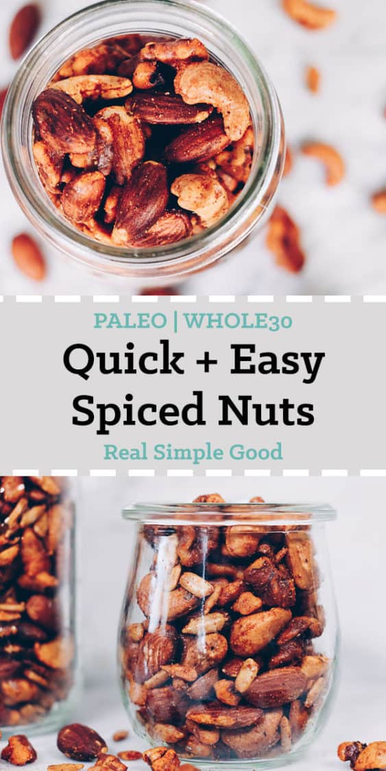 These Paleo spiced nuts are a great way to add extra flavor to your day! They are super simple and easy to make and obviously crazy addicting! Whole30 too! #paleo #whole30 #holidays #mixednuts #spicednuts | realsimplegood.com