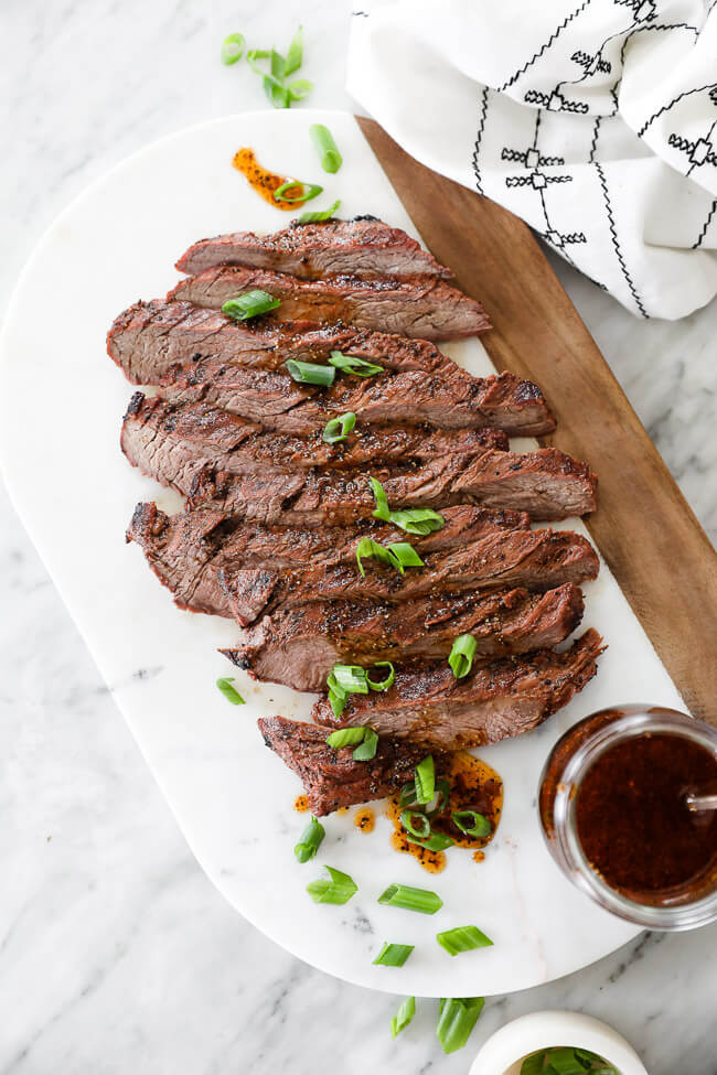 Overhead shot of cooked steak strips with chopped green onions on top