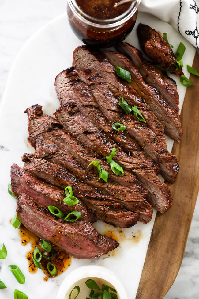 Close up overhead shot of cooked steak strips with chopped green onions on top