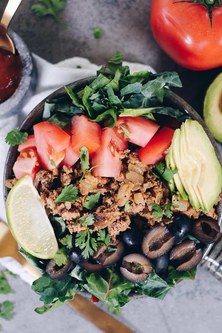 I really love taco everything, and this quick and easy Whole30 and Paleo taco salad is a bowl full of goodness I could eat anytime of day! Paleo, Whole30 + Gluten-Free. | realsimplegood.com