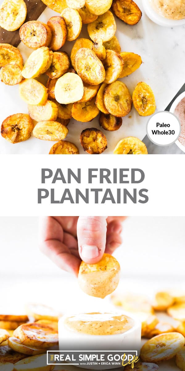 Vertical split image with text in the middle that says Pan Fried Plantains. Top image is close up overhead shot of plantains scattered on marble. Bottom image is dipping plantain in aioli sauce. 