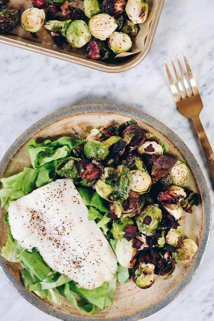 Originally, we wanted to add more fish to our lifestyle for the health benefits. Adding in recipes like this Pan Seared Cod with Garlicky Bacon Brussels Sprouts, we've been able to make healthy, satisfying meals that are ready in 30 minutes or less. #paleo #whole30 #healthyfats #fish | realsimplegood.com