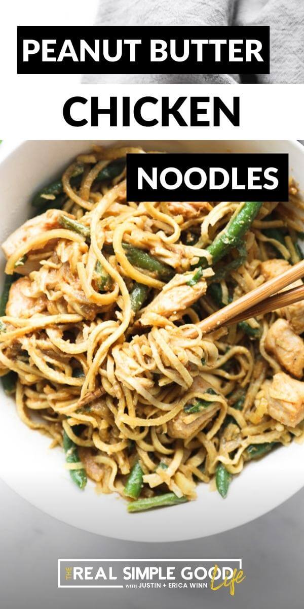 Vertical image with text overlay at the top. Close up of peanut butter chicken and noodles in a bowl with chopsticks. 