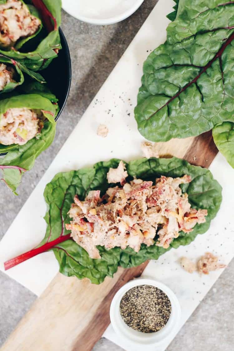 These Paleo and Whole30 pear and almond chicken salad wraps are perfect for packing along for a day trip or lunch during the busy week! | realsimplegood.com