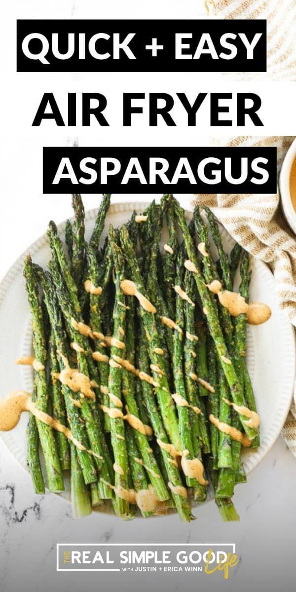 Vertical image with text overlay at the top. Image of asparagus with chipotle aioli drizzled on top on a plate. 