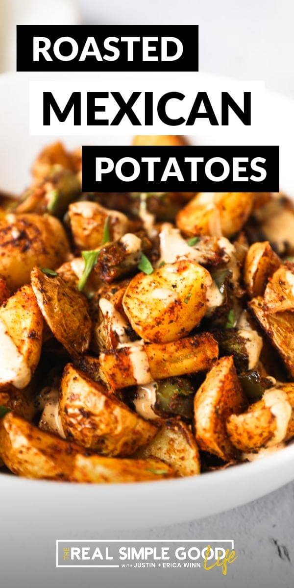 Close up angle image of roasted potatoes and sauce drizzle with text on top