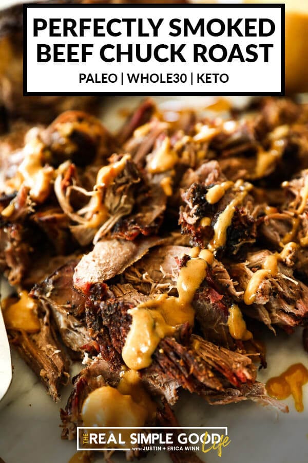 Pulled smoked chuck roast close up at angle with mustard sauce over top. Text on top for pinterest.