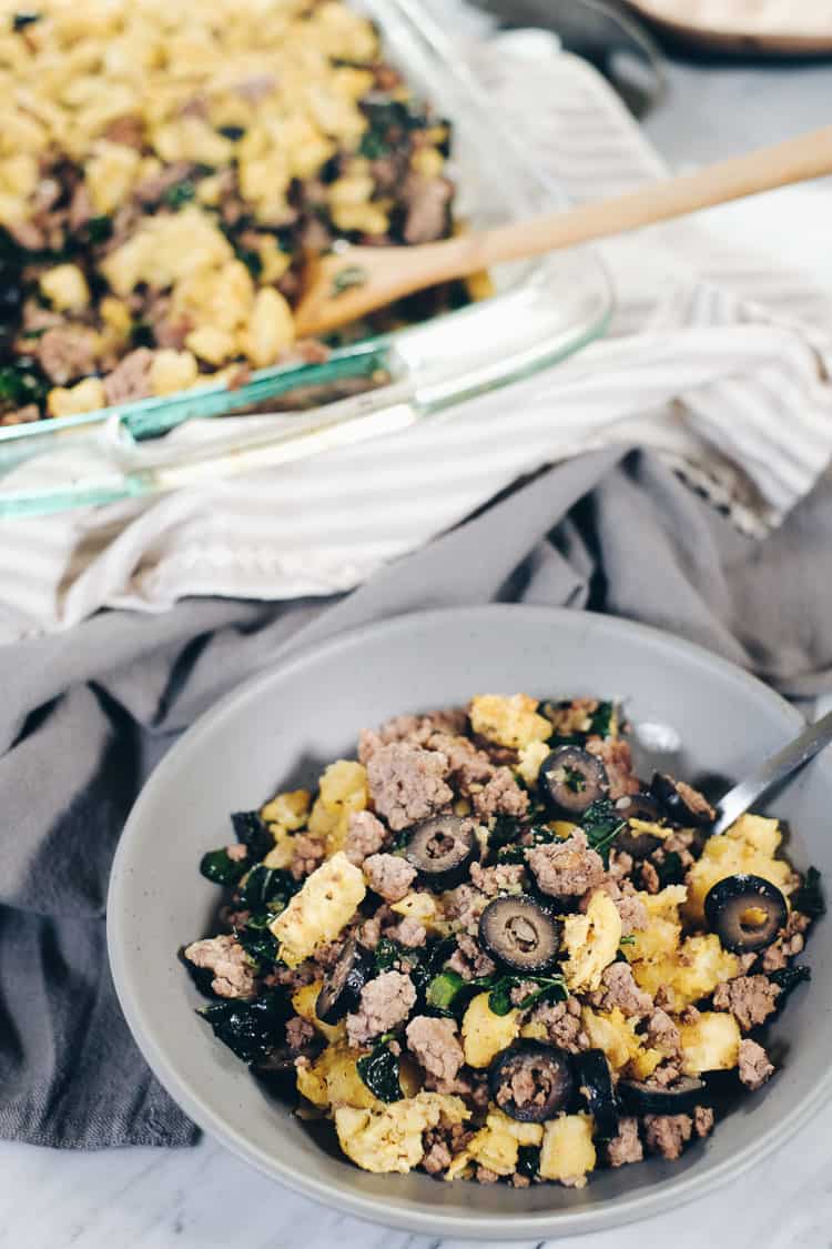 This Paleo and Whole30 Plantain Casserole will make a large amount of food and will definitely be the leftovers you look forward to! It's got a savory combo of plantains, pork, beef and kale with some spices. #paleolife #whole30recipe #paleorecipe | realsimplegood.com