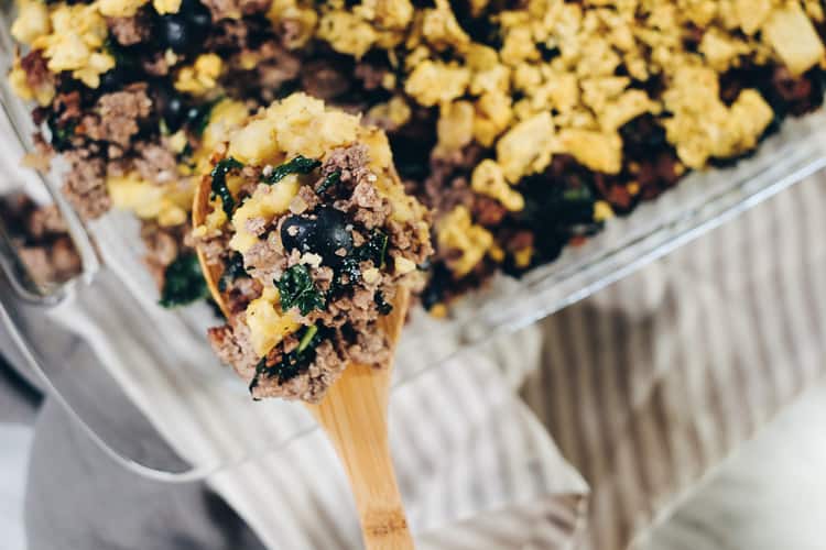 This Paleo and Whole30 Plantain Casserole will make a large amount of food and will definitely be the leftovers you look forward to! It's got a savory combo of plantains, pork, beef and kale with some spices. #paleolife #whole30recipe #paleorecipe | realsimplegood.com