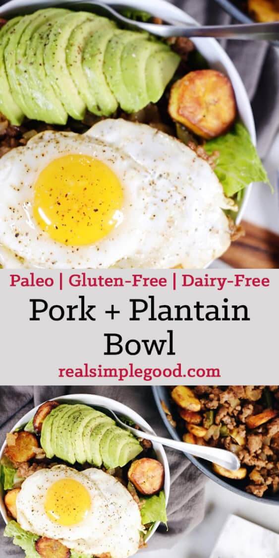 Pork + Plantains go together perfectly and with few ingredients this dish packs flavor! This Paleo + Whole30 pork and plantain bowl is simple and delicious. Paleo, Whole30, Gluten-Free + Dairy-Free. | realsimplegood.com