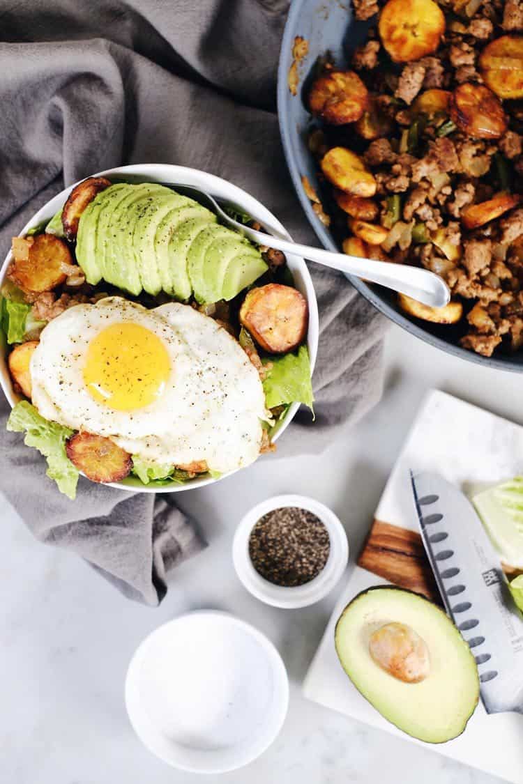 Pork + Plantains go together perfectly and with few ingredients this dish packs flavor! This Paleo + Whole30 pork and plantain bowl is simple and delicious. Paleo, Whole30, Gluten-Free + Dairy-Free. | realsimplegood.com