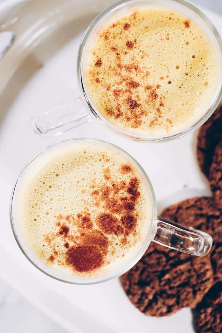 This dairy-free Pumpkin Turmeric Latte is the perfect caffeine-free beverage to snuggle up with over the holidays It's got all your favorite fall flavors! Paleo, Vegan + Refined Sugar-Free. | realsimplegood.com