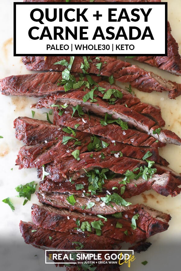 Carne asada on a board cut into strips topped with salt and cilantro image with text at top