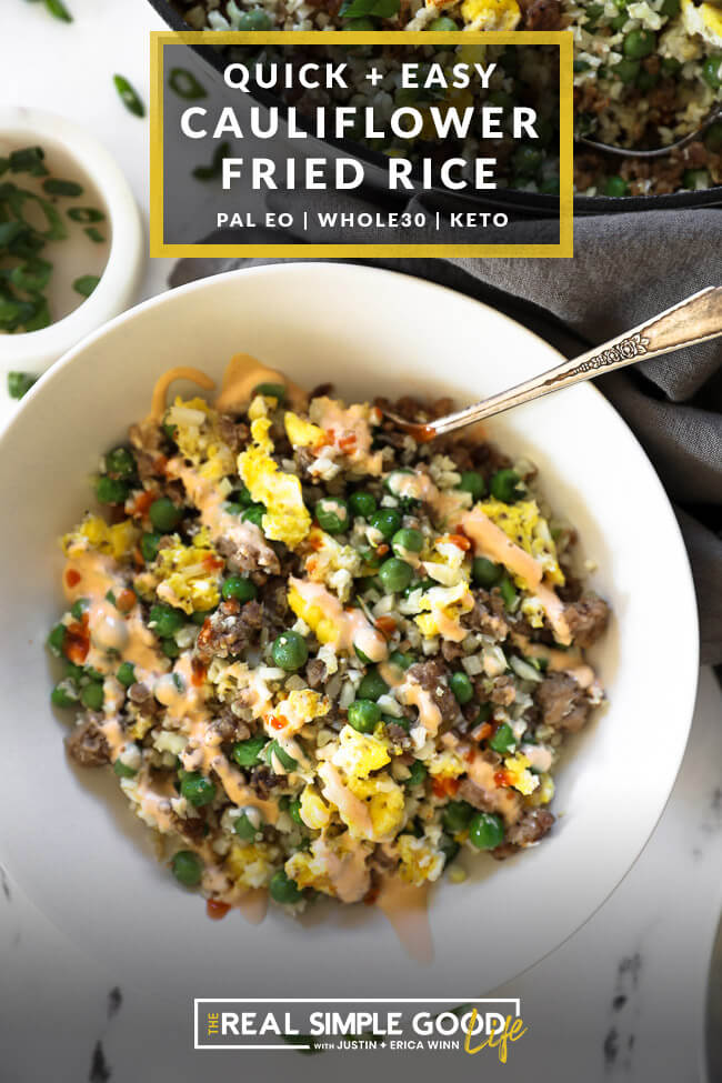 Close up overhead image with text at top of keto pork fried rice in a white bowl with sauce drizzled on top