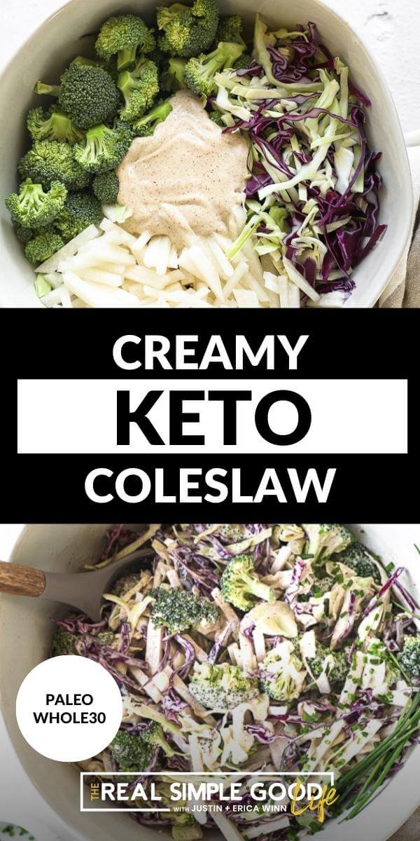 Vertical split image with text overlay in the middle. Top image of keto coleslaw ingredients in a bowl before being mixed up. Bottom image of everything all mixed up in a bowl with a serving spoon. 