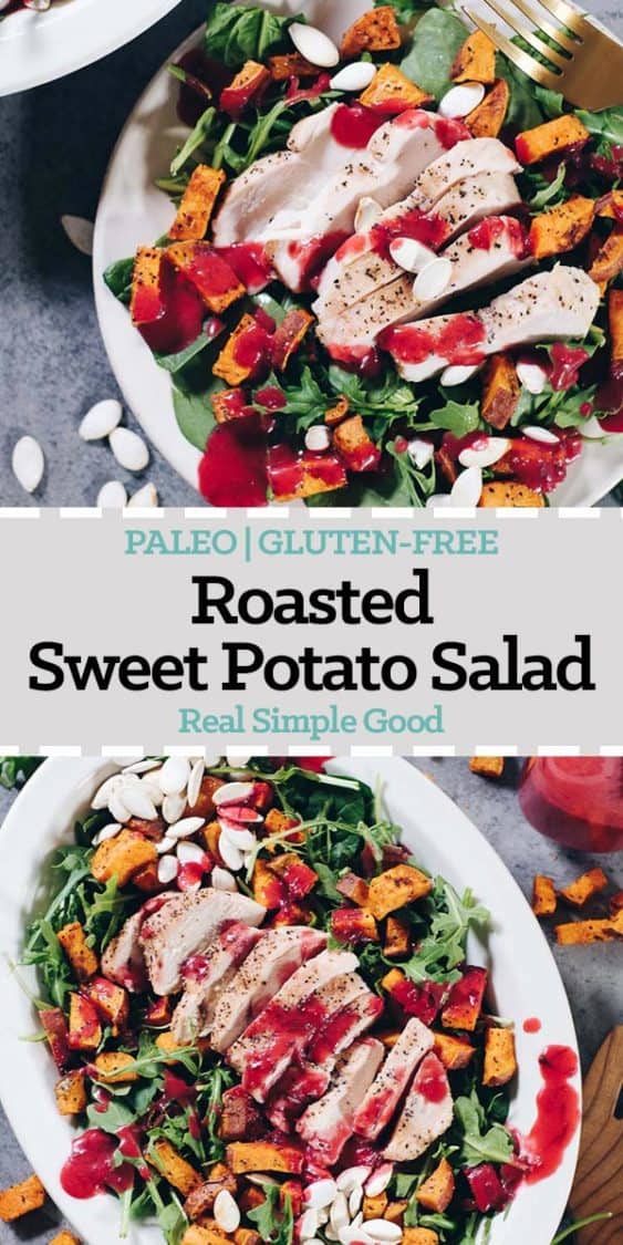 Looking for a new, festive dish to add to your holiday celebrations this year? Try this Paleo Roasted Sweet Potato Salad with Cranberry Vinaigrette! | realsimplegood.com