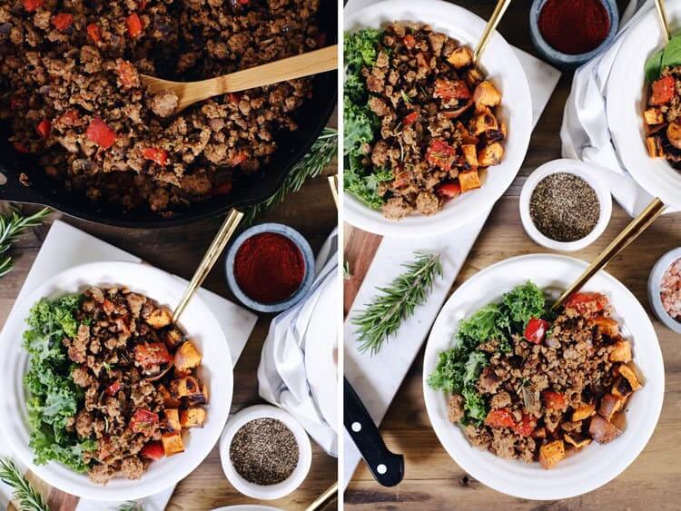 Make-ahead breakfasts are a life-saver during the work week for Whole30 + Paleo. This rosemary, sausage and sweet potato hash is perfect for re-heating! Paleo, Gluten-Free + Whole30. | realsimplegood.com