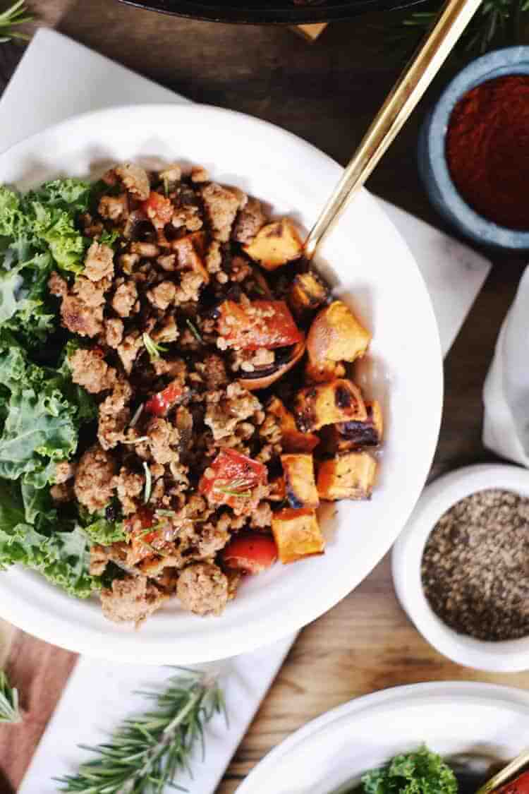Make-ahead breakfasts are a life-saver during the work week for Whole30 + Paleo. This rosemary, sausage and sweet potato hash is perfect for re-heating! Paleo, Gluten-Free + Whole30. | realsimplegood.com