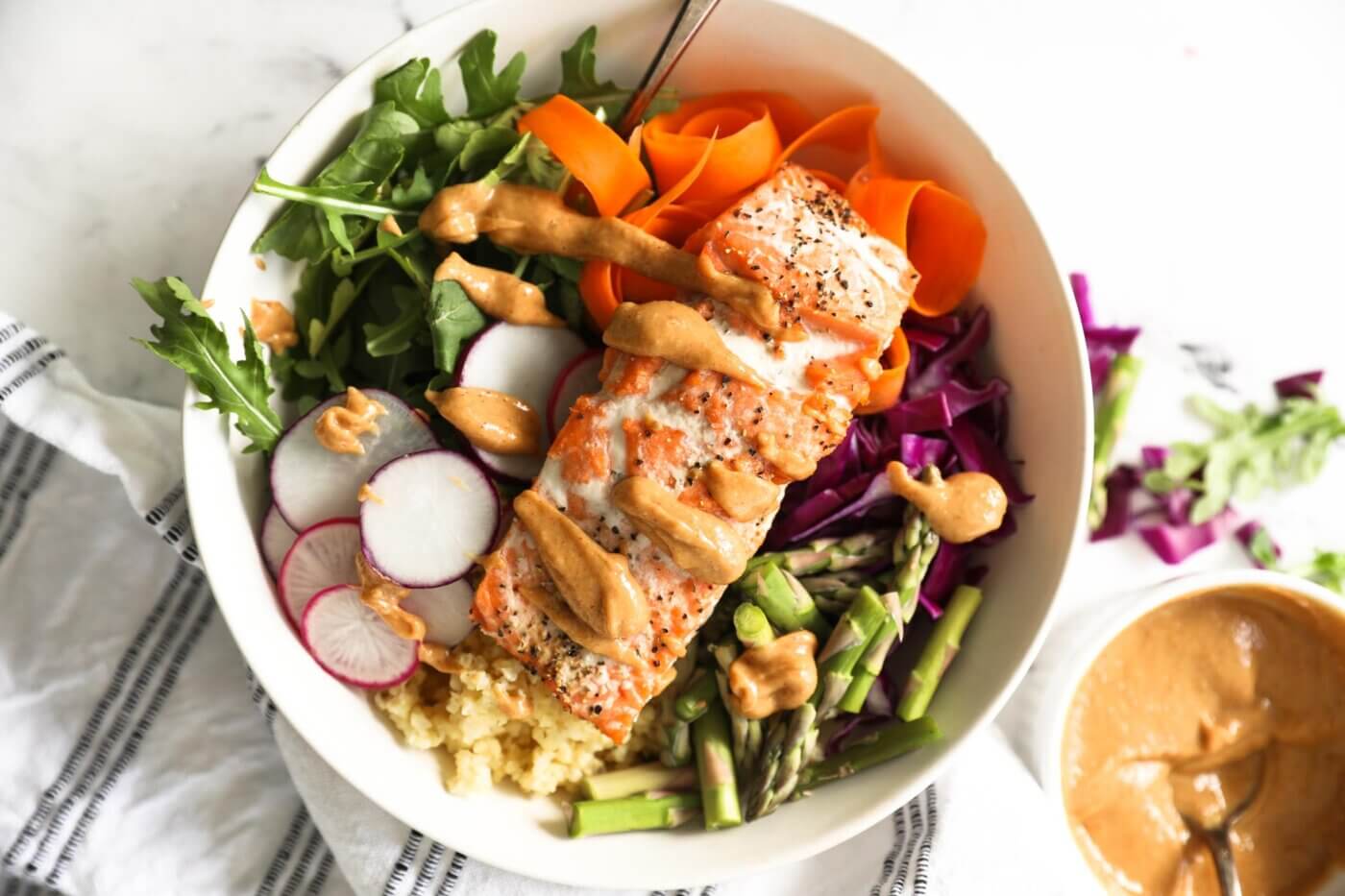 25-Minute Salmon Buddha Bowls with Creamy Peanut Sauce - Real Simple Good