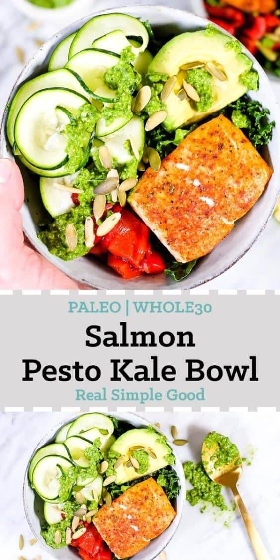 Salmon pesto kale veggie bowl with pesto sauce and pumpkin seeds long pin