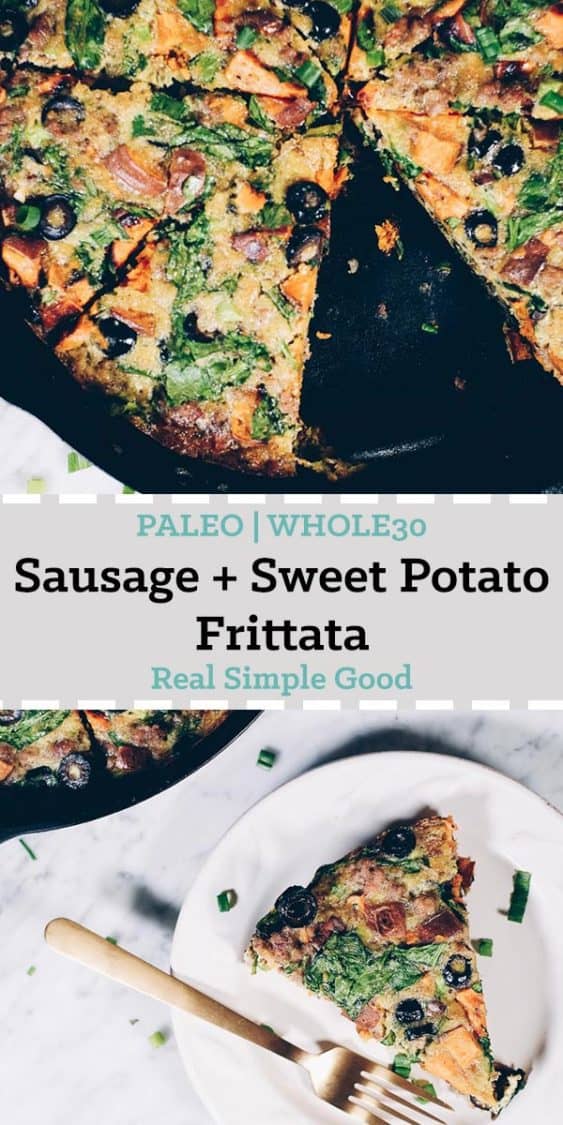 This Paleo + Whole30 sausage and sweet potato frittata is filling and full of the delicious flavors of sausage, sweet potatoes, olives and green onions. It will keep you going all morning! #paleo #whole30 #glutenfree #dairyfree #breakfast | realsimplegood.com