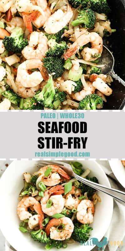 Two images of seafood stir-fry - one in cast iron skillet and on served in a bowl. Stir fry has shrimp, white fish, broccoli, celery, onion and cajun seasoning. Topped with chopped green onion and red pepper flakes. 