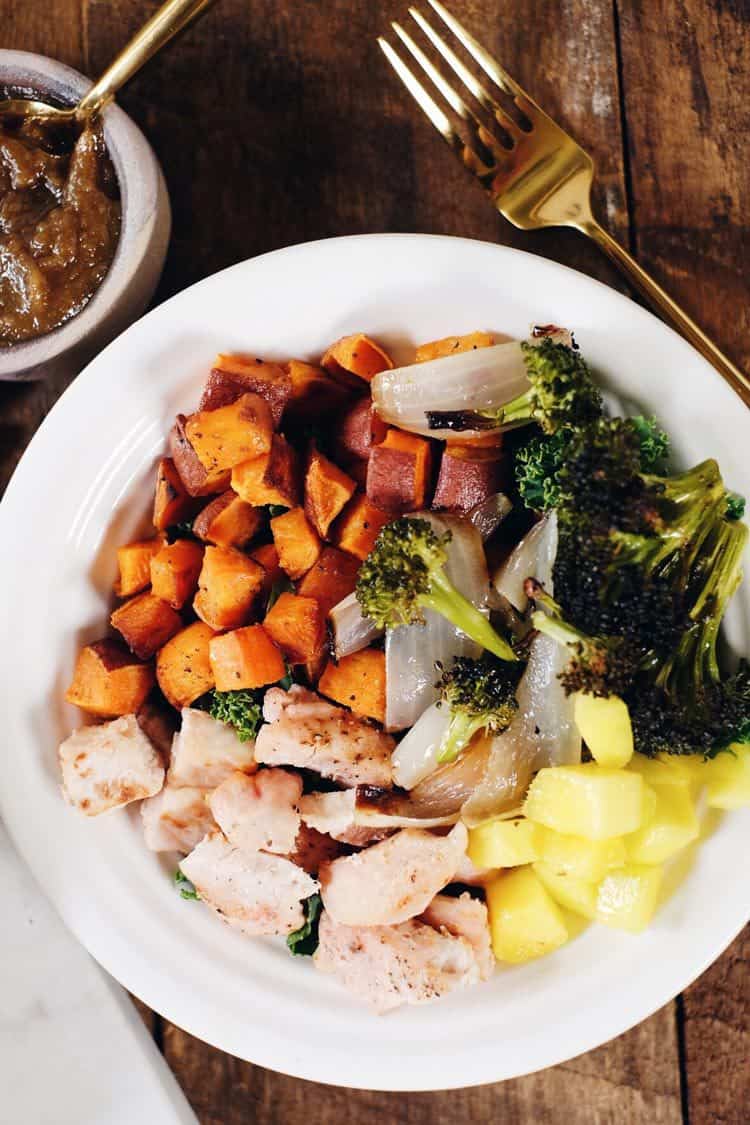 Go ahead and make these delicious sheet pan chicken buddha bowls! The perfect Paleo + Whole30 meal for making ahead of time for leftovers! Chicken, broccoli, sweet potato, mango, onion and tahini sauce. Paleo + Whole30. | realsimplegood.com