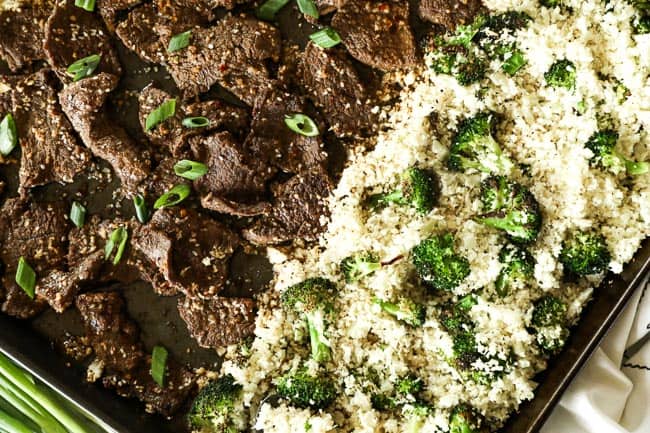 Sesame beef with cauliflower rice and broccoli on a sheet pan. 