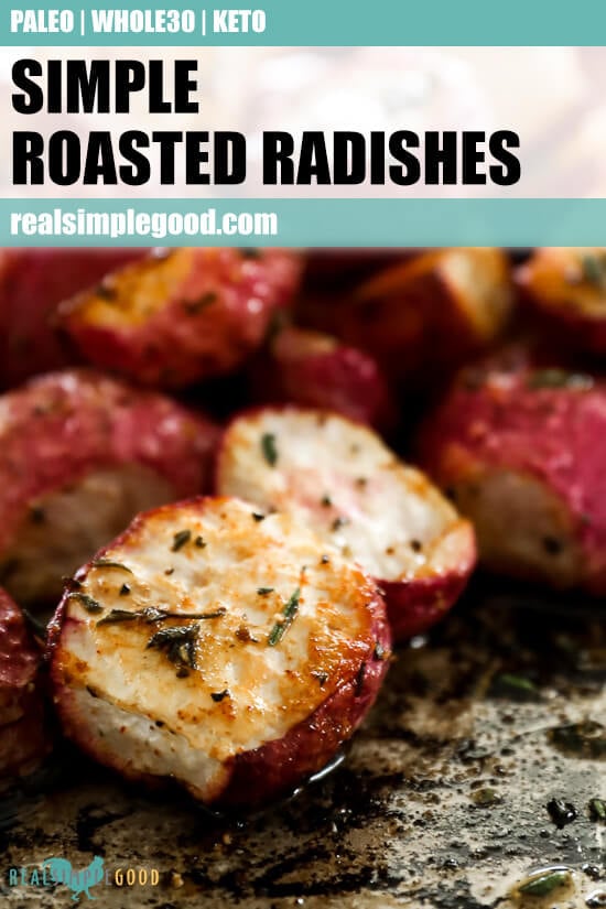 Roasted radishes on sheet pan close up angle with text at top