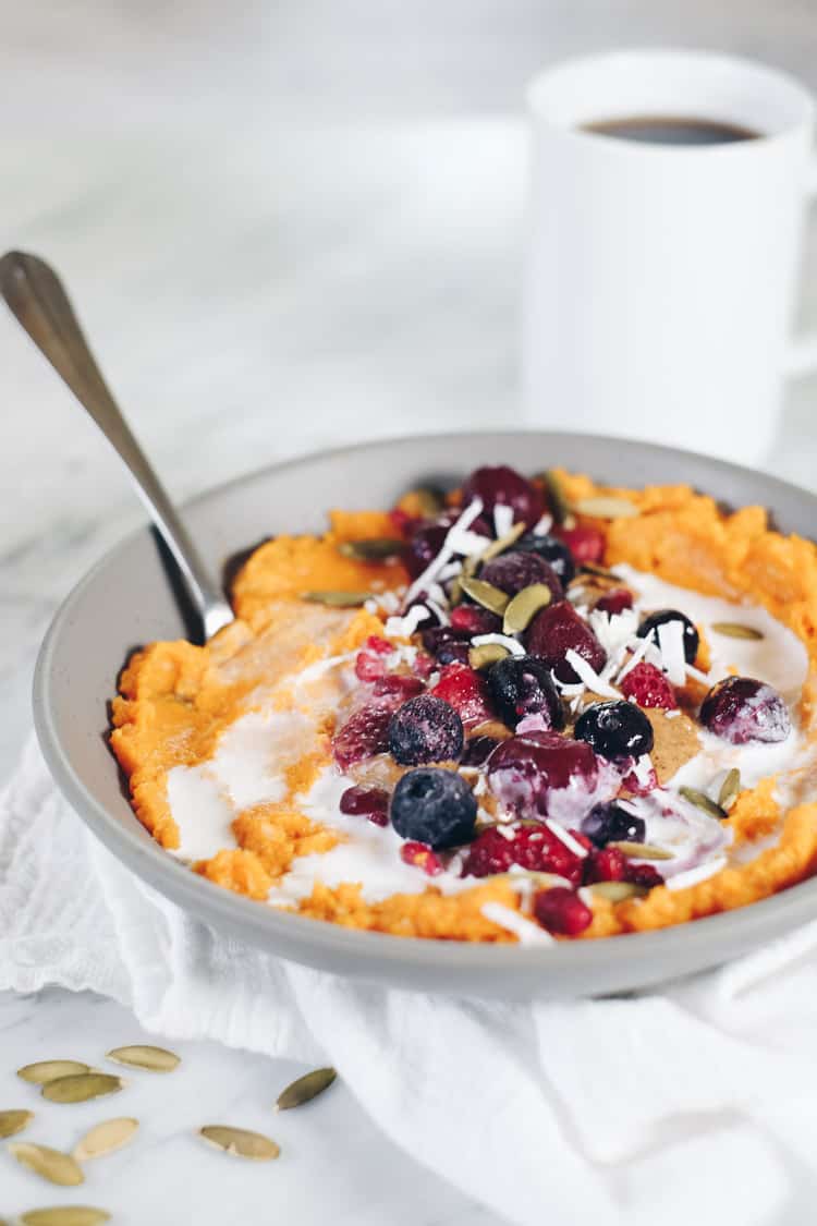 This Paleo and Whole30 Simple Sweet Potato Porridge is a great egg-free, make-ahead breakfast option! It's made with only five ingredients, too! Paleo + Whole30 | realsimplegood.com