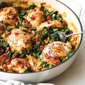 Angle image of skillet chicken thighs in mustard sauce with onions, bacon, kale and mushrooms