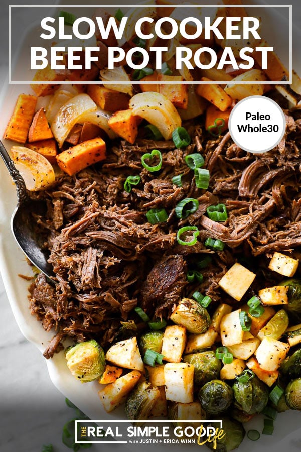 Close up overhead shot of slow cooker beef pot roast on platter with text at top