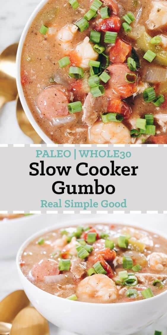 This Paleo gumbo is packed it with chicken thighs, sausage and shrimp in addition to veggies and lots of seasonings. It's also Whole30 compliant! | realsimplegood.com