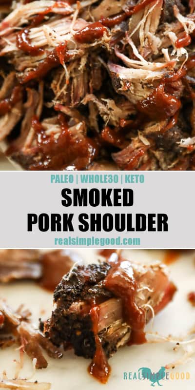 Two close up images of smoked pork shoulder with bbq sauce drizzled on top with text overlay in the middle for pinterest. 