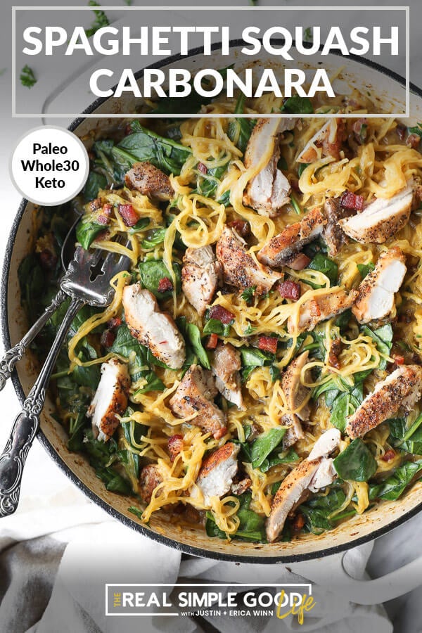 Vertical overhead image with text overlay at top. Spaghetti squash carbonara is in skillet with a serving fork and spoon. 