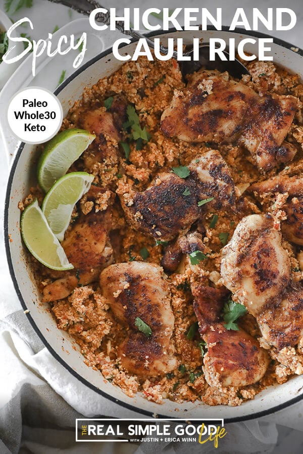 Spicy chicken and cauliflower rice in pan with lime wedges overhead shot with text at top
