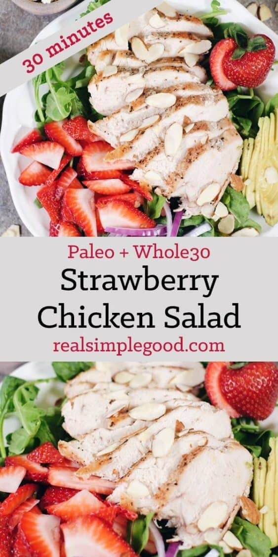 In just 30 minutes this Paleo + Whole30 savory and sweet strawberry chicken salad will be on the table! It's full of flavor and super easy to make! Simple chicken pairs perfectly with arugula, spinach, strawberries, avocado, red onion, sliced almonds and an easy balsamic dressing. Paleo + Whole30 | realsimplegood.com