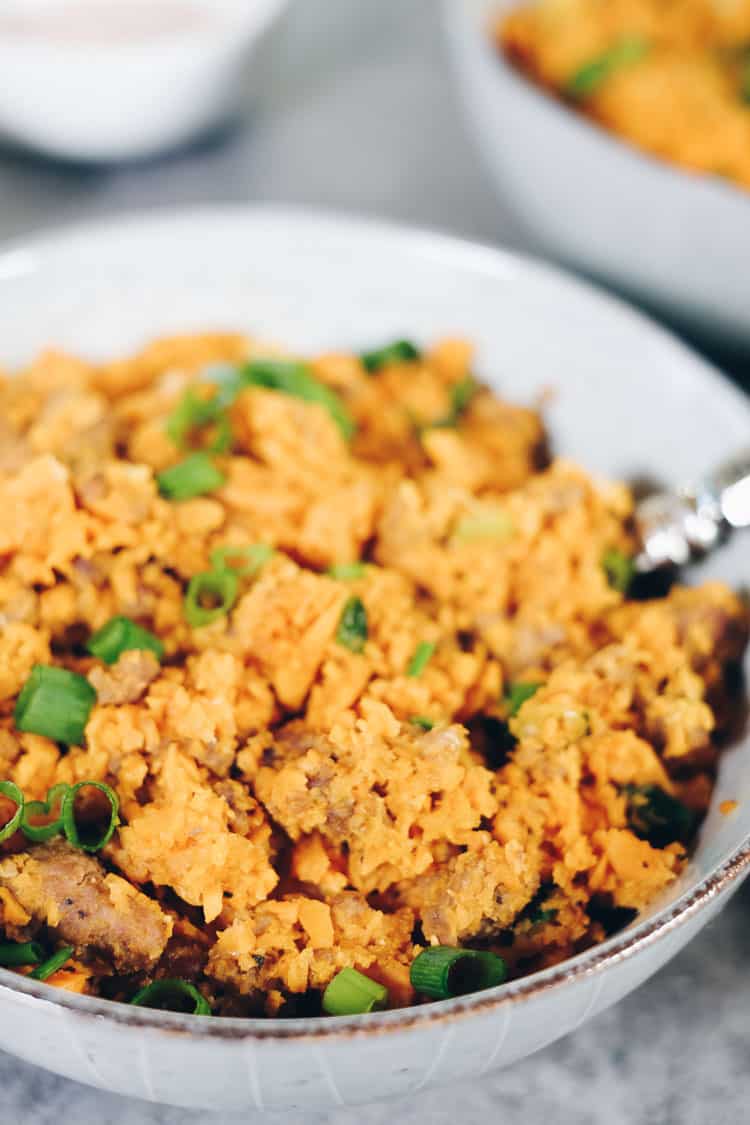 A delicious and healthy twist on pork fried rice, both Paleo and Whole30 compliant! This sweet potato pork fried rice is a unique recipe with tons of flavor. #paleo #whole30meals #recipe | realsimplegood.com