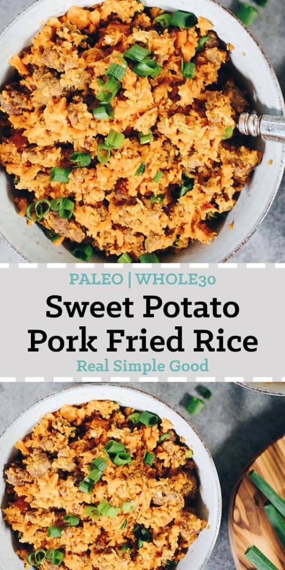 A delicious and healthy twist on pork fried rice, both Paleo and Whole30 compliant! This sweet potato pork fried rice is a unique recipe with tons of flavor. #paleo #whole30meals #recipe | realsimplegood.com