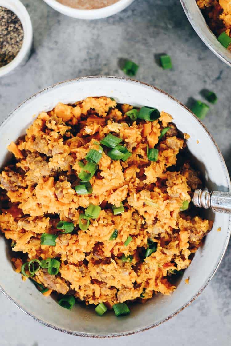 A delicious and healthy twist on pork fried rice, both Paleo and Whole30 compliant! This sweet potato pork fried rice is a unique recipe with tons of flavor. #paleo #whole30meals #recipe | realsimplegood.com