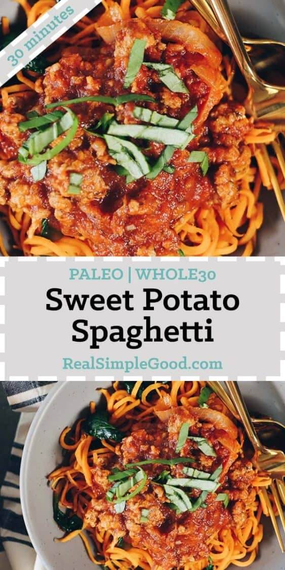 Questi spaghetti di patate dolci Paleo e Whole30 sono un modo nutriente e sano di gustare gli spaghetti, con l'aggiunta di verdure e ortaggi! | realsimplegood.com