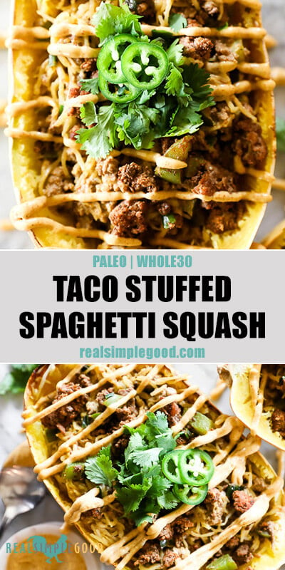 Taco stuffed spaghetti squash split image with text in middle. Vertical close up of squash with sauce on top and squash at angle on bottom.