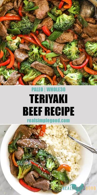 Split image with text in middle. Close up of teriyaki beef in pan on top and teriyaki beef in bowl with cauliflower rice on bottom.