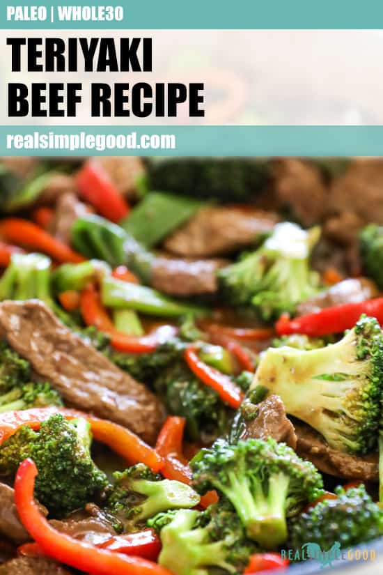 Close up of teriyaki beef recipe in pan with broccoli and peppers. Text on top for pinterest