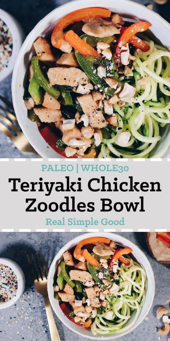 Here is a healthier teriyaki recipe, sweetened with maple syrup and paired with zoodles. Enjoy this Paleo and Whole30 Teriyaki Chicken Zoodles Bowl! You'll enjoy the colors and flavors!  #paleo #glutenfree #soyfree #refinedsugarfree #whole30 | realsimplegood.com