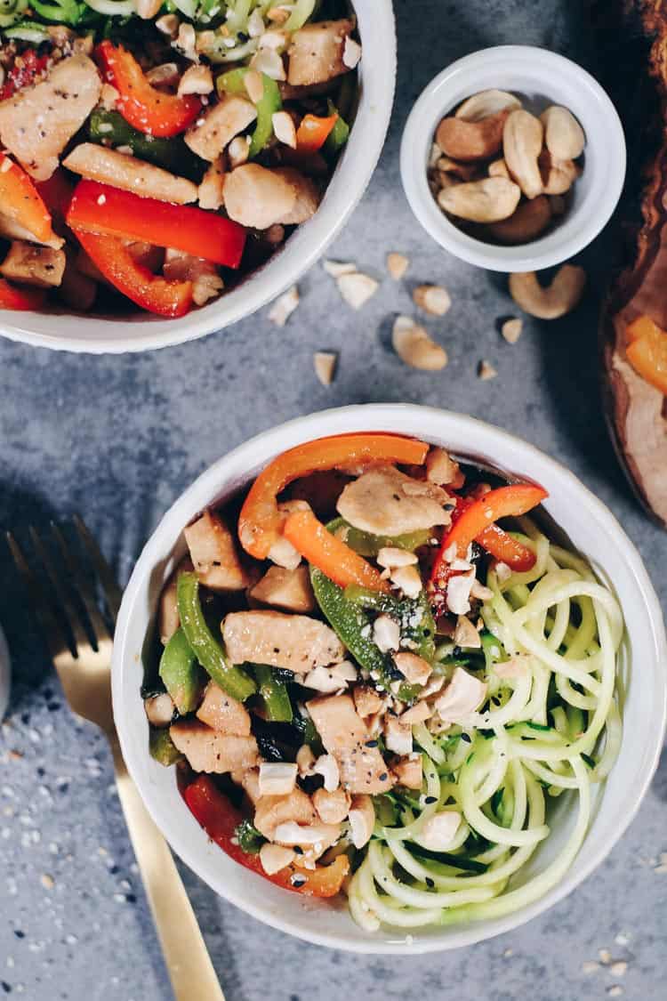 Here is a healthier teriyaki recipe, sweetened with maple syrup and paired with zoodles. Enjoy this Paleo and Whole30 Teriyaki Chicken Zoodles Bowl! You'll enjoy the colors and flavors!  #paleo #glutenfree #soyfree #refinedsugarfree #whole30 | realsimplegood.com