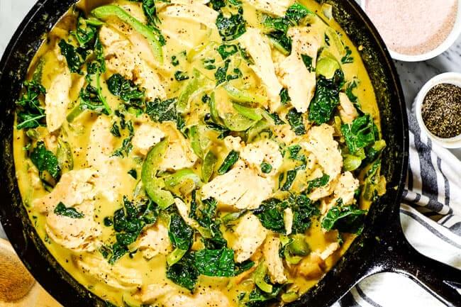 Thai coconut curry in cast iron skillet. Chicken, bell pepper, kale and onion in a creamy curry sauce. 