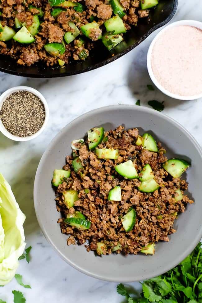 This is a Thai larb recipe with ground pork or chicken, cucumber and some seasonings. 